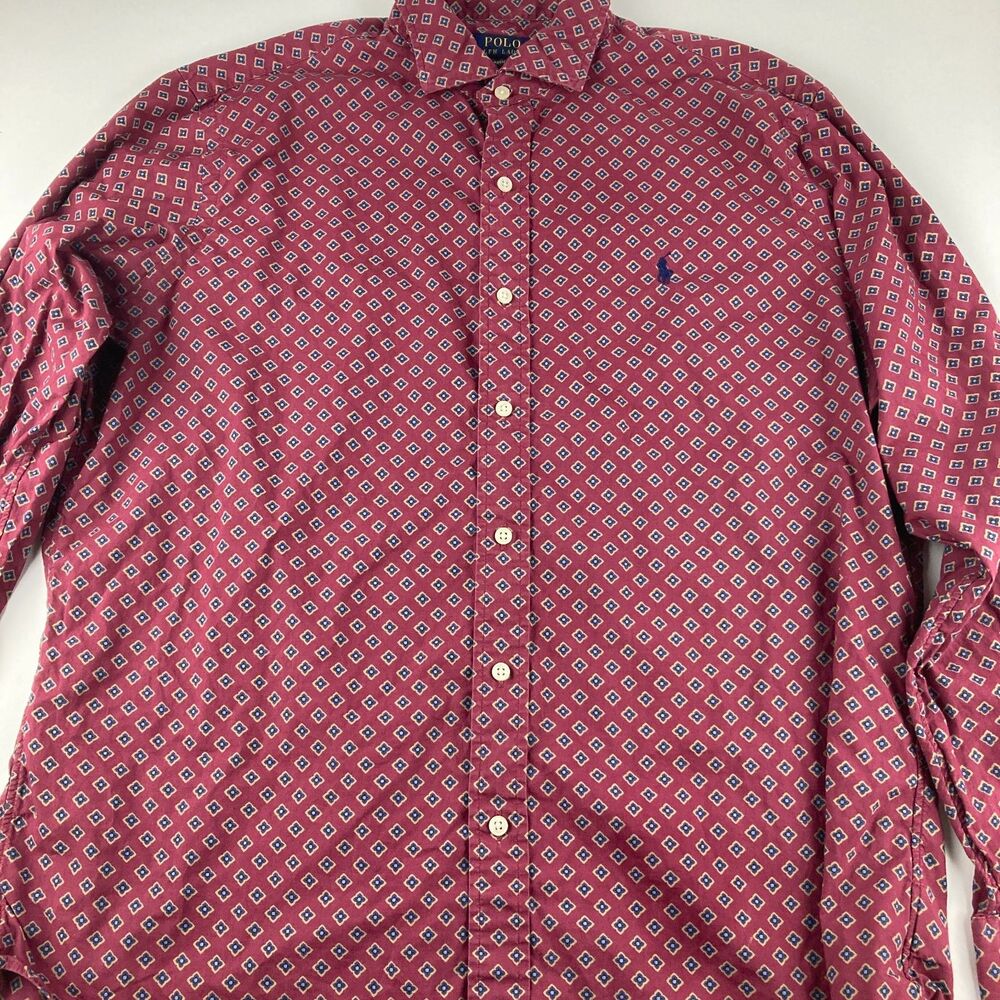 Polo Ralph Lauren Shirt Mens L Burgundy Geometric Print Classic Fit Cotton